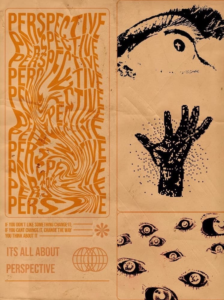 Perspective poster: warped orange type beside a hand and a field of eyes