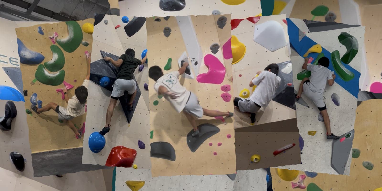A pile of bouldering photos from @ishenslabs: a heel hook, a big reach, a lunge and two more problems on different walls