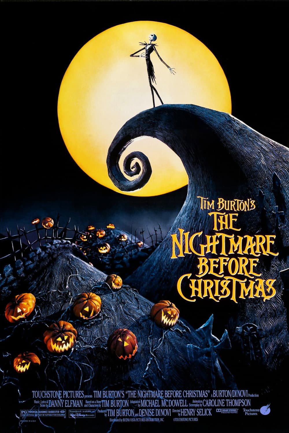 Jack Skellington on the spiral hill in front of the full moon